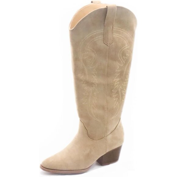 ⚡Women's Beige Embroidered Cowgirl Boots Knee High Pointed Toe Chunky Heel - Picture 1 of 7